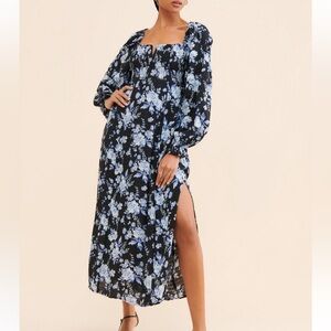 Free People Jaymes Black and Blue Floral Long Sleeve Midi Dress M